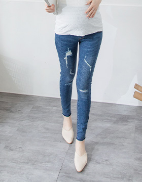 631159 孕婦褲 顯瘦刮破刷色九分牛仔褲 可調式瑜珈腰圍 S-XXL NT.690