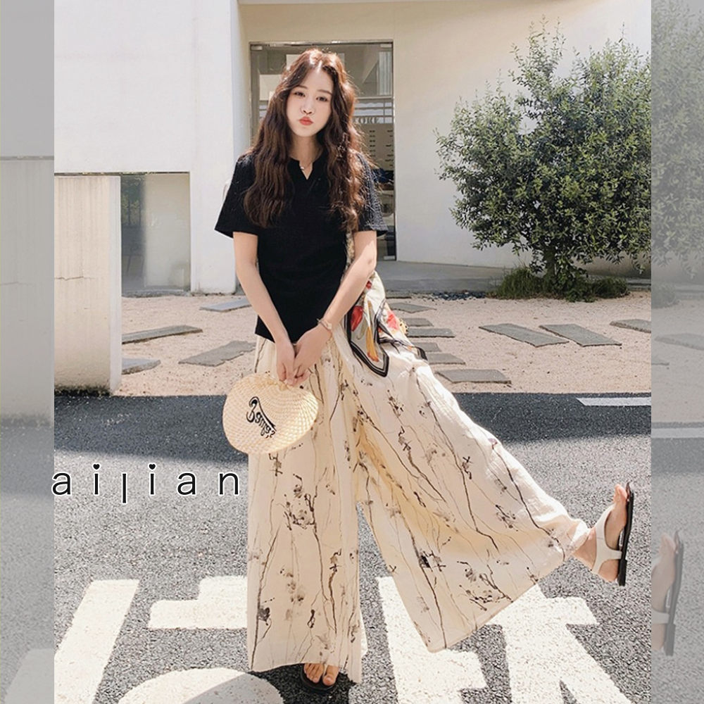 631553 孕婦褲 夏日清爽水墨花色垂墜寬褲 M-XXL $590