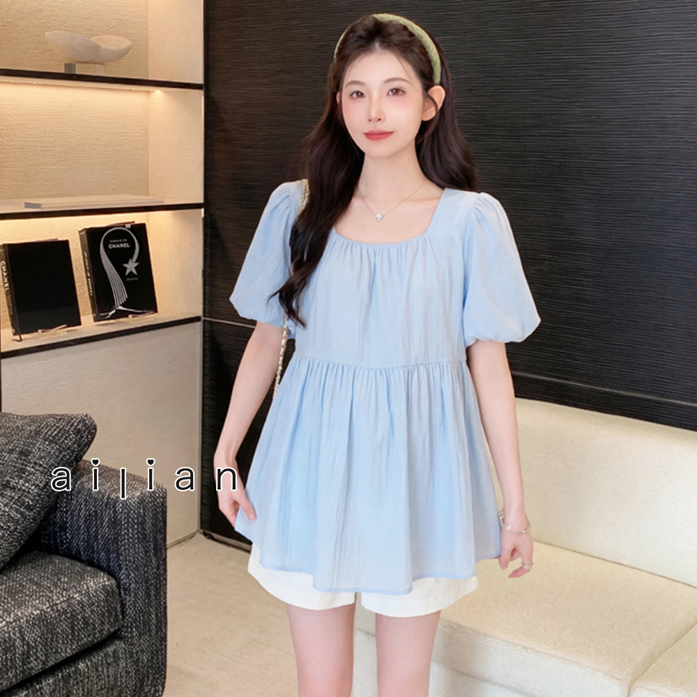 642432 孕婦裝 甜美方領泡泡短袖寬鬆百搭上衣 $490