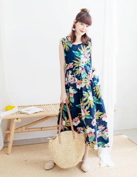 651516 Maternity Wear: Midsummer hibiscus flower waist drawstring cotton and linen vest dress $23.00