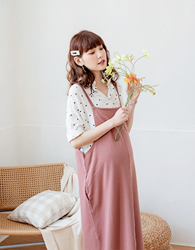 651554 Maternity Wear: Double-shoulder cotton strap dress with wooden buckle pocket $26.00