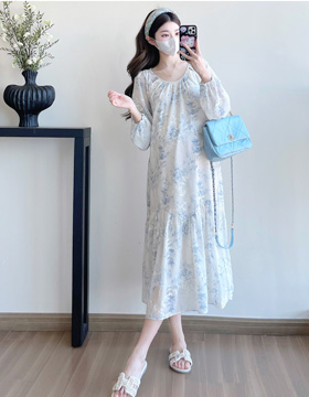 652336 孕婦裝 時尚優雅U領抓皺A字長袖洋裝 NT.690