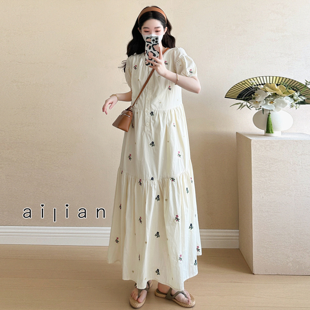 652339 孕婦裝 甜美氣質刺綉圓領顯瘦短袖洋裝 $690