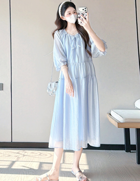 652352 孕婦裝 日系飄逸領口小花邊五分袖洋裝 NT.608