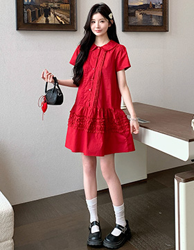 652374 孕婦裝 時尚翻領木耳邊拼接顯瘦短洋裝 NT.690