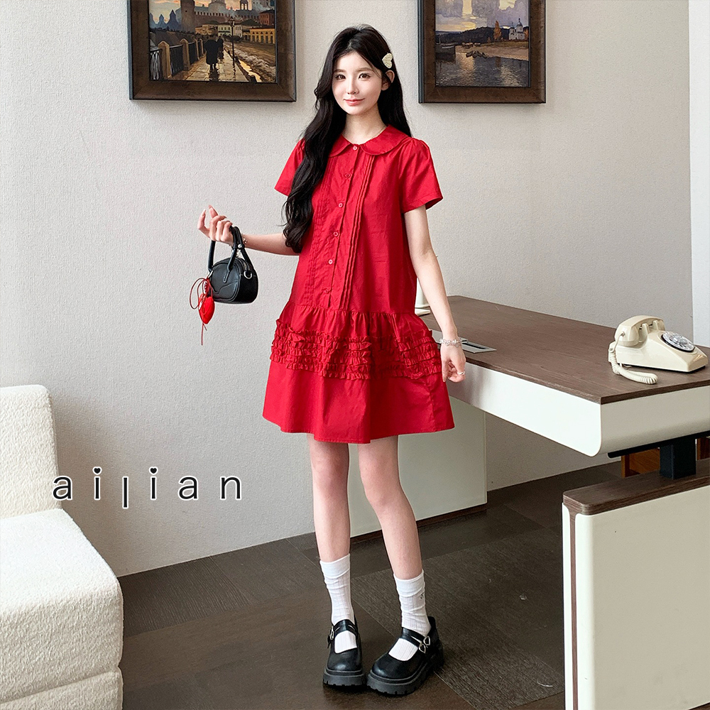 652374 孕婦裝 時尚翻領木耳邊拼接顯瘦短洋裝 $690