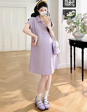 652381 孕婦裝 彩色釦翻領肌理感短袖短版洋裝 NT.432